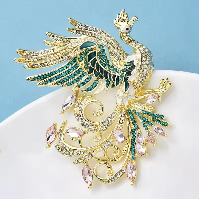 Luxury Phoenix Bird Brooch Crystal Rhinestone Enamel Women Fashion Lapel Pin