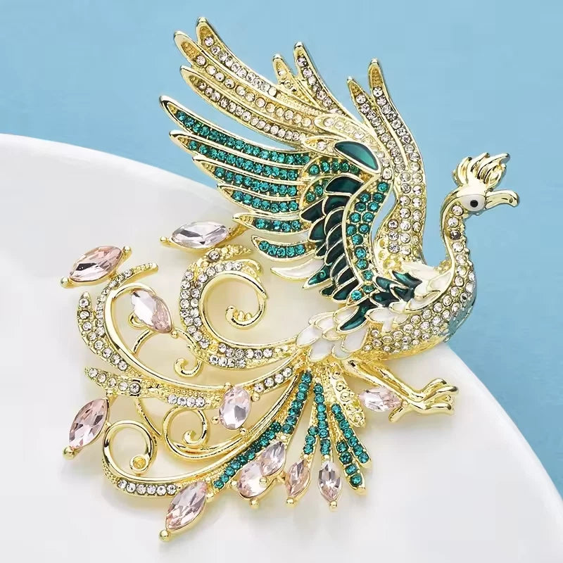 Luxury Phoenix Bird Brooch Crystal Rhinestone Enamel Women Fashion Lapel Pin