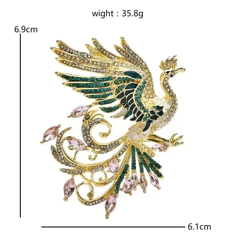 Luxury Phoenix Bird Brooch Crystal Rhinestone Enamel Women Fashion Lapel Pin