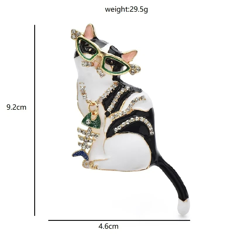 Cute Fish Bone Cat Brooch Rhinestone Enamel Animal Women Fashion Lapel Pin Gift