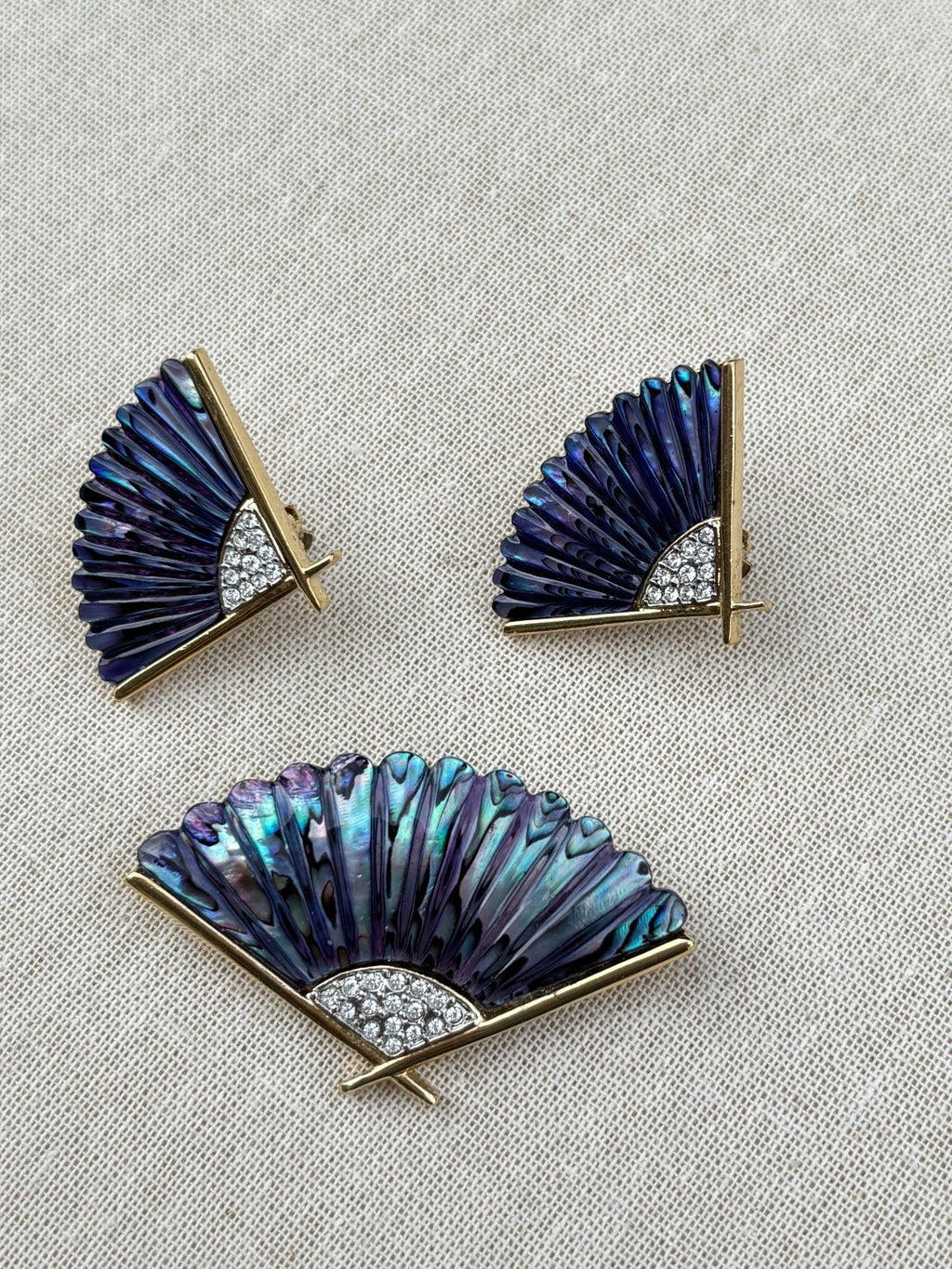 Vintage Butler Abalone Shell Brooch and Clip Earrings Set: 1980s Jewelry