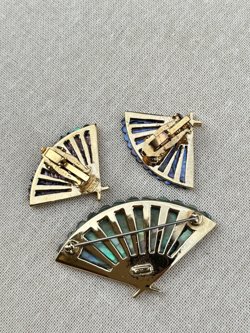 Vintage Butler Abalone Shell Brooch and Clip Earrings Set: 1980s Jewelry