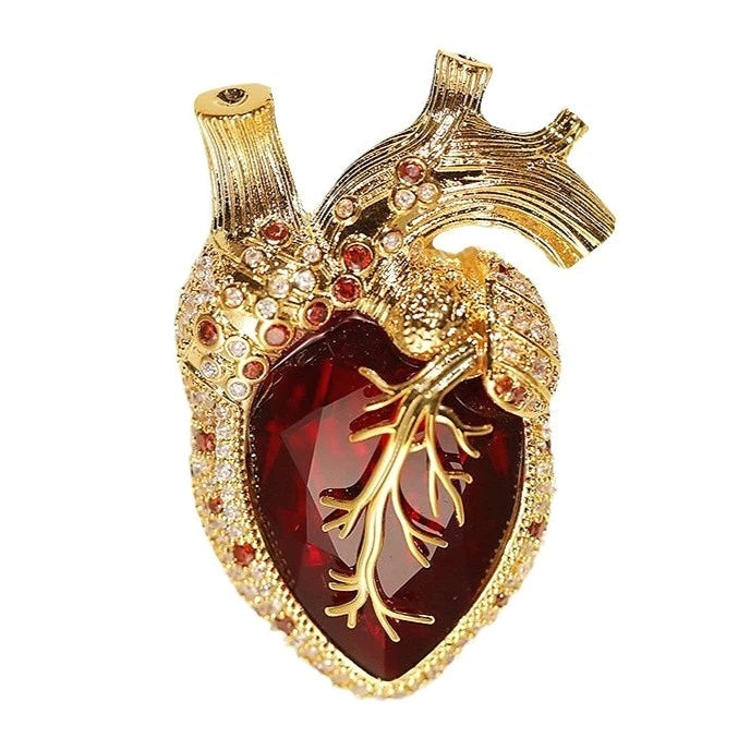 Luxury Men's Red Crystal Heart Brooch 18K Gold Plated Heavy Gothic Statement Pin