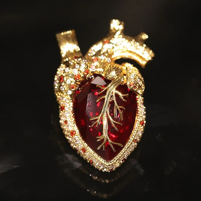 Luxury Men's Red Crystal Heart Brooch 18K Gold Plated Heavy Gothic Statement Pin