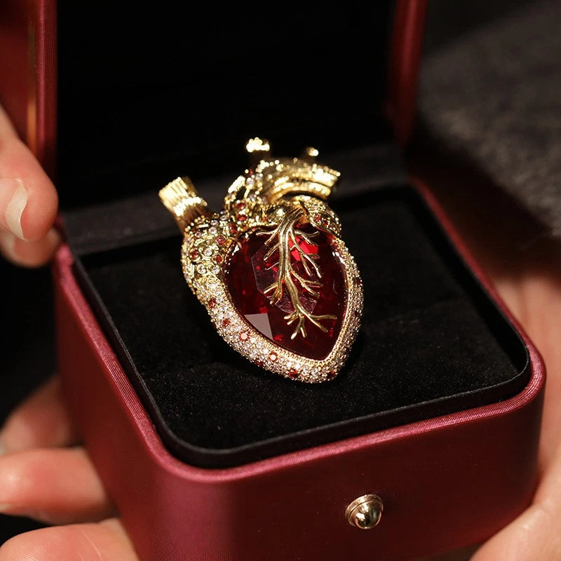 Luxury Men's Red Crystal Heart Brooch 18K Gold Plated Heavy Gothic Statement Pin