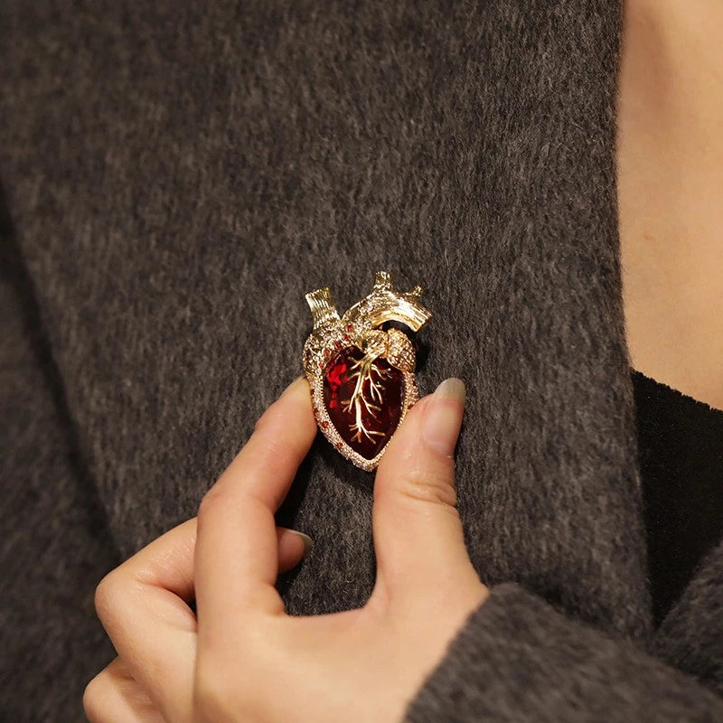 Luxury Men's Red Crystal Heart Brooch 18K Gold Plated Heavy Gothic Statement Pin